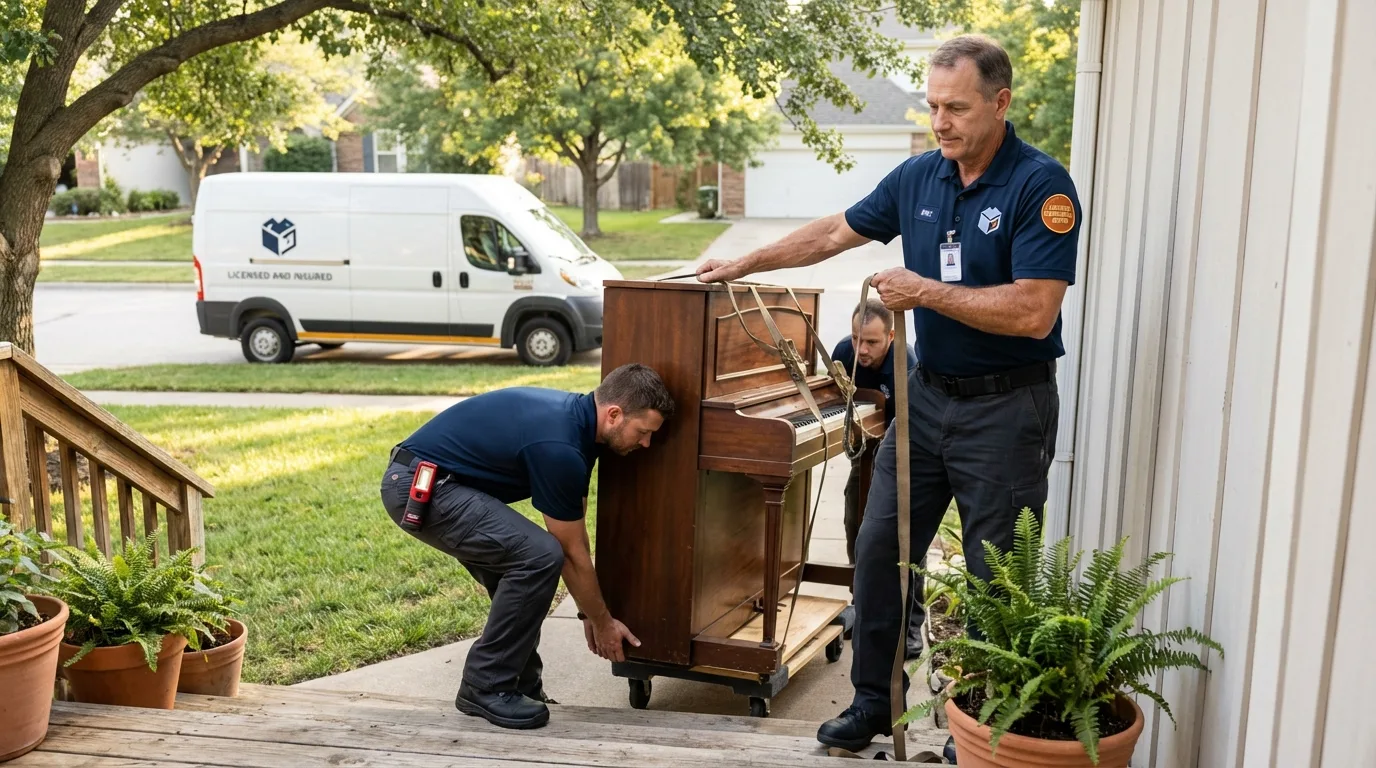 Licensed piano movers securing grand piano in Quincy, WA