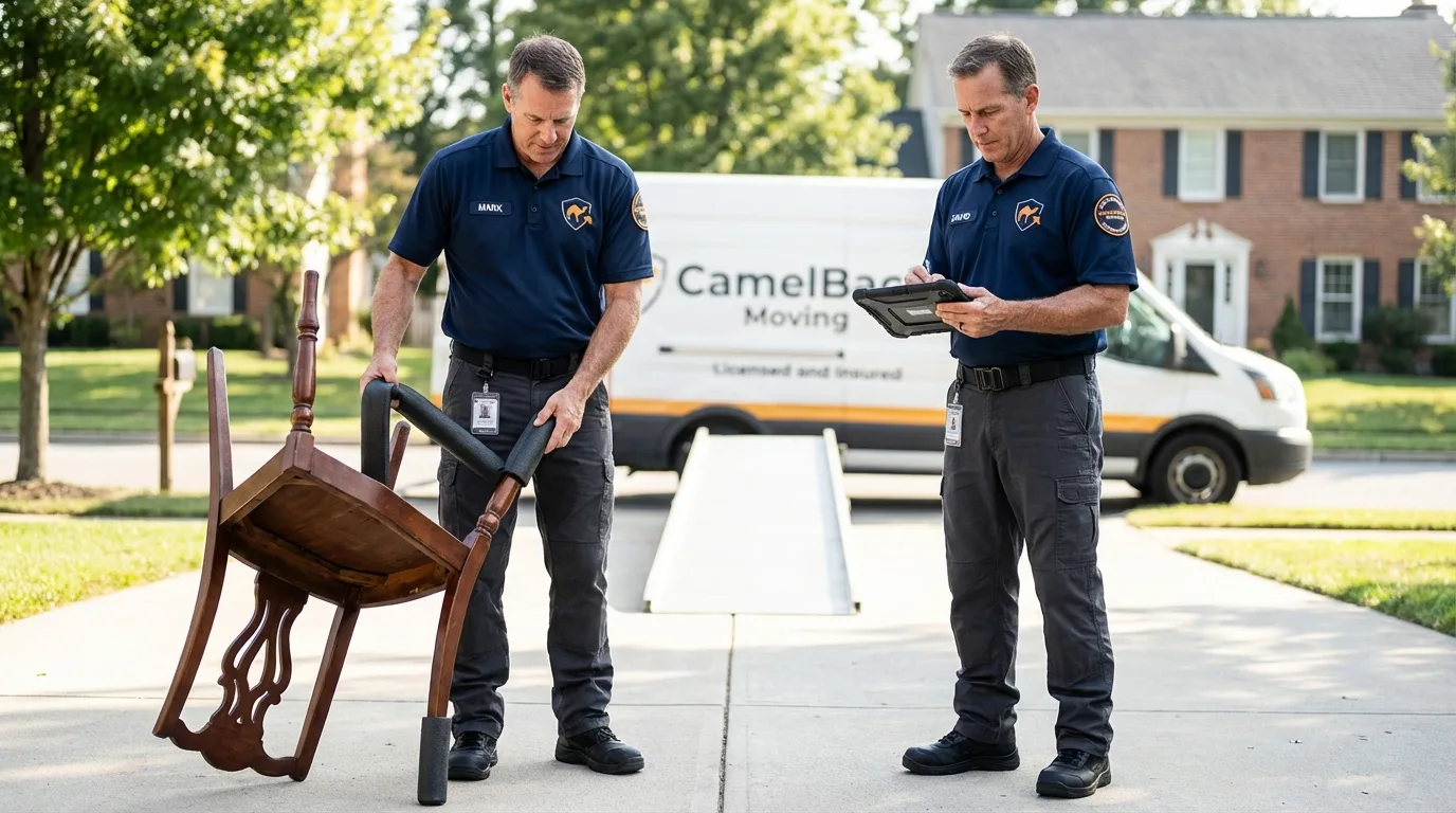Movers inspecting furniture for damage prevention before loading in Quincy, WA