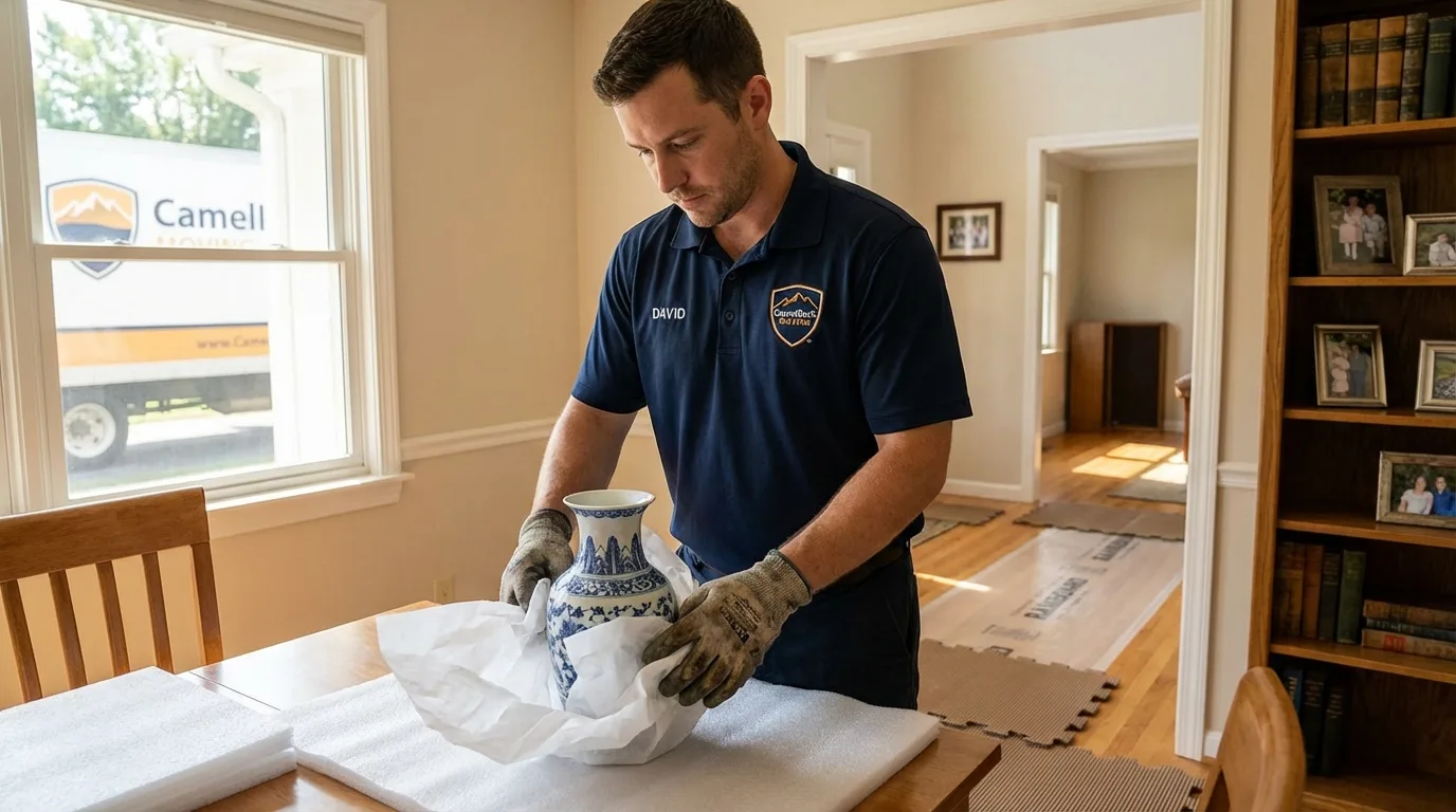 Professional crew carefully wrapping antique vase for senior downsizing move in Quincy, WA